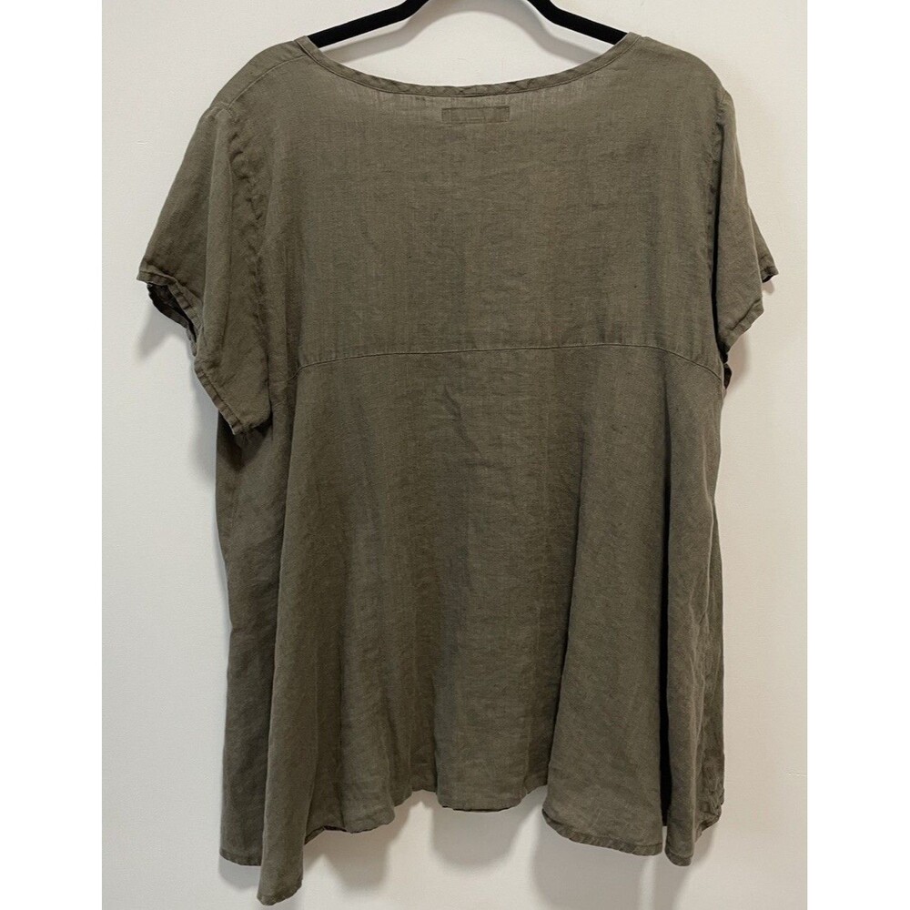 FLAX Women’s Medium Top Green Short Sleeve 100% Linen Lagenlook Hippie Boho - Picture 2 of 7